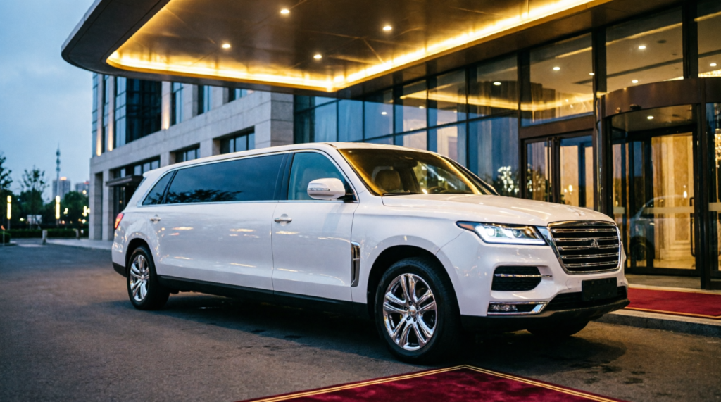 White stretch limousine parked at a luxury hotel entrance with red carpet lighting, representing bachelor party limo service and VIP transportation.