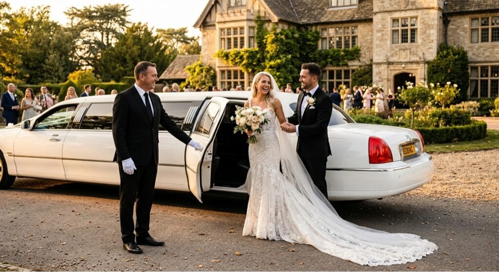 Bride and groom stepping out of a white limousine with chauffeur assistance at a luxury wedding venue, bride wearing a long embellished gown and groom in a black tuxedo.