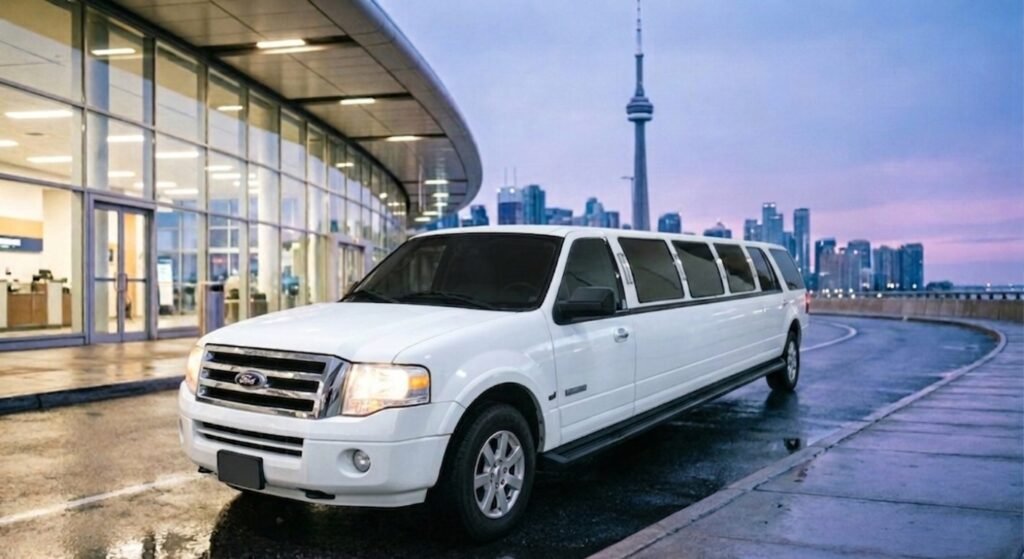 White stretch limousine with professional chauffeur standing outside Toronto airport terminal
