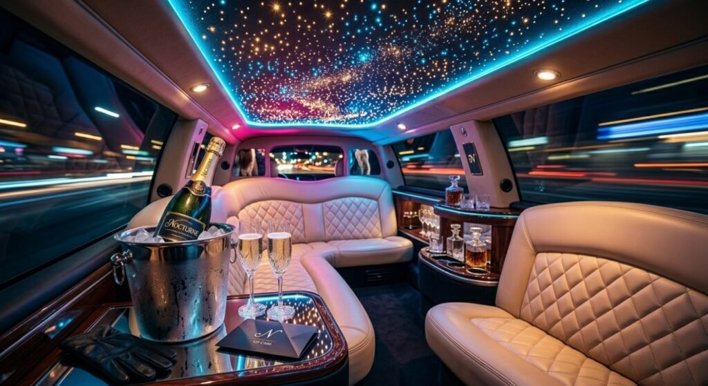 Luxury limousine interior with leather seats, champagne bottle, glasses, and LED star ceiling lighting