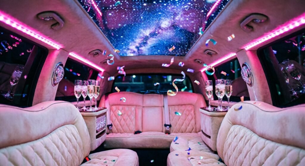 Luxury party limousine interior with LED lights, champagne glasses, and confetti celebration setup