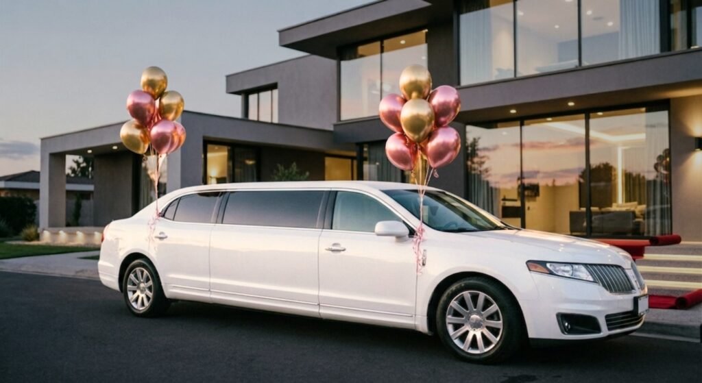 White stretch limousine decorated with balloons parked outside a luxury house for a celebration or party event