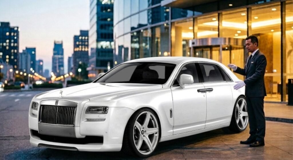 Chauffeur in suit and gloves presenting a white Rolls-Royce car outside a modern building at dusk.