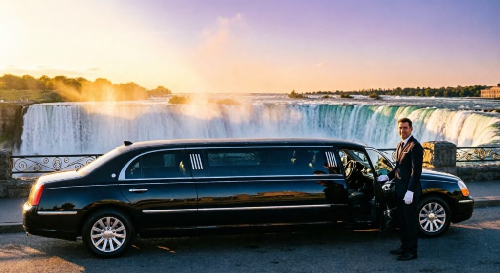 Black stretch limousine with chauffeur parked near Niagara Falls waterfall during sunset scenic view