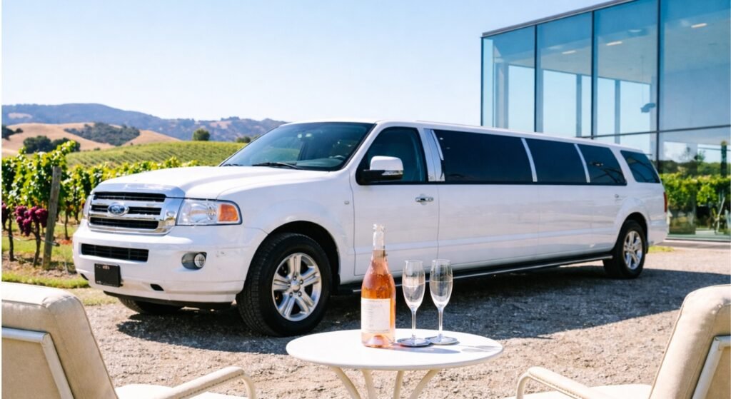 White stretch limousine parked at a vineyard beside a modern glass building with champagne bottle and glasses on a table in the foreground