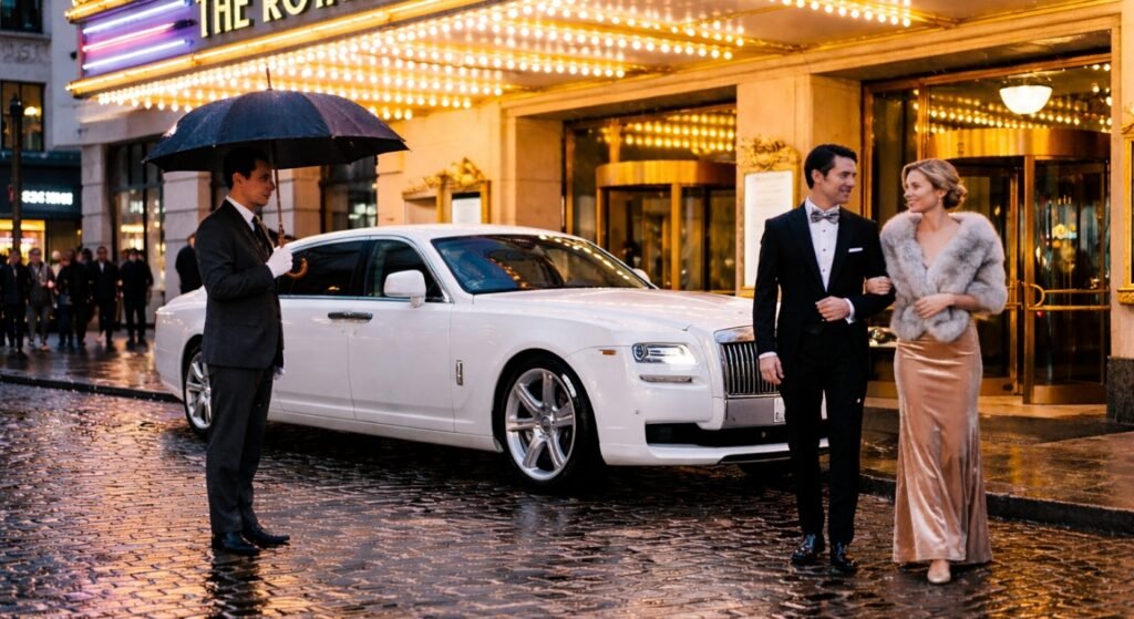 Elegant couple walking past a white Rolls-Royce with a chauffeur holding an umbrella outside a luxury hotel on a rainy night.