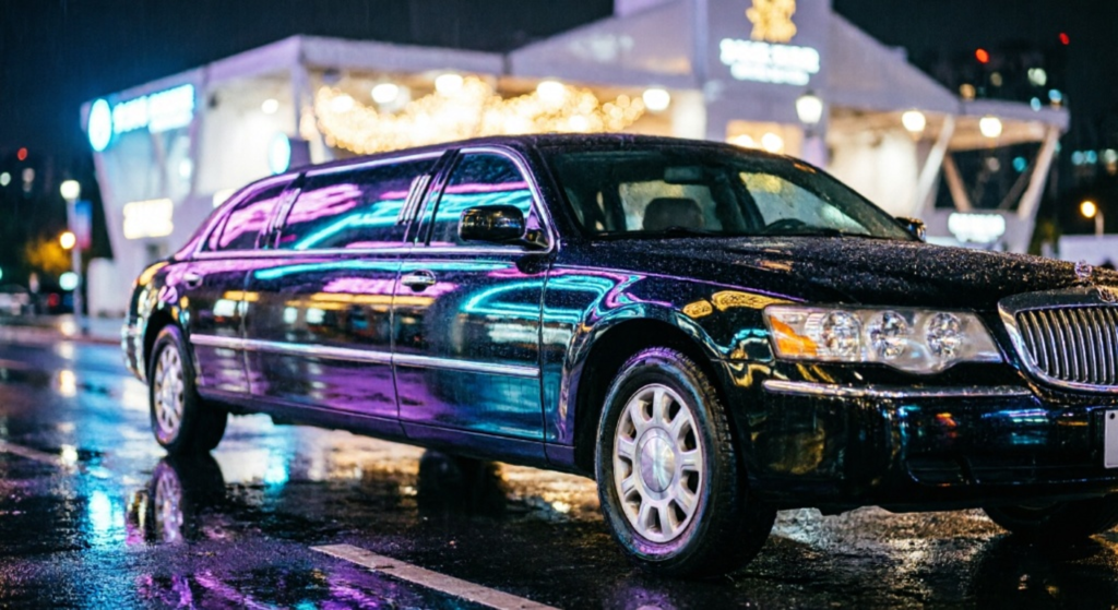 Black luxury limousine parked on a city street at night with colorful neon reflections on wet road
